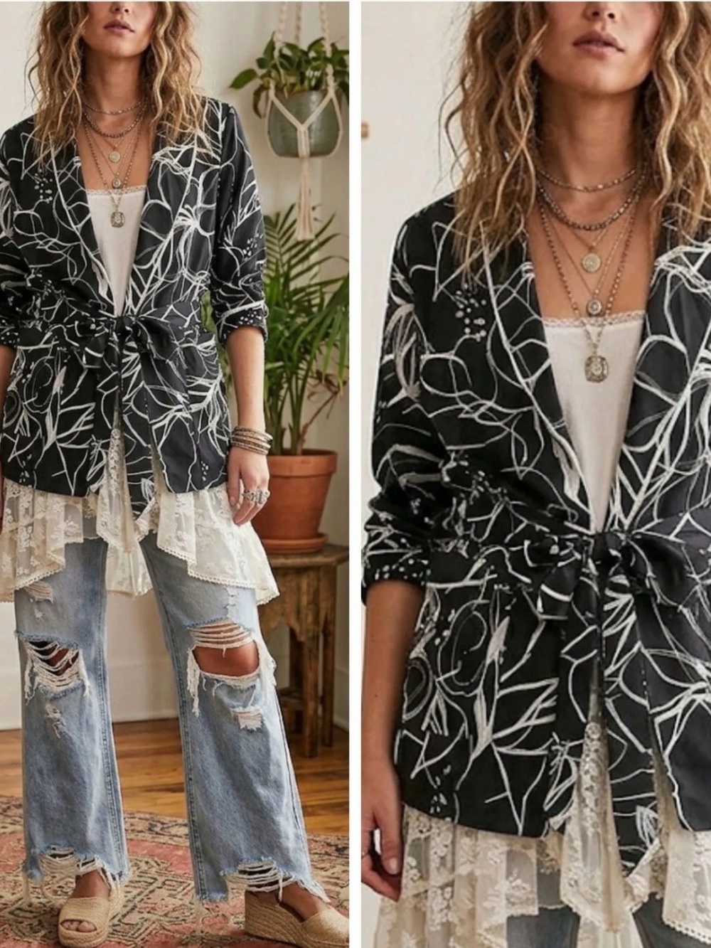 NWT Luxy USA Women’s Black Floral Print Tie-Waist Blazer Jacket size Medium